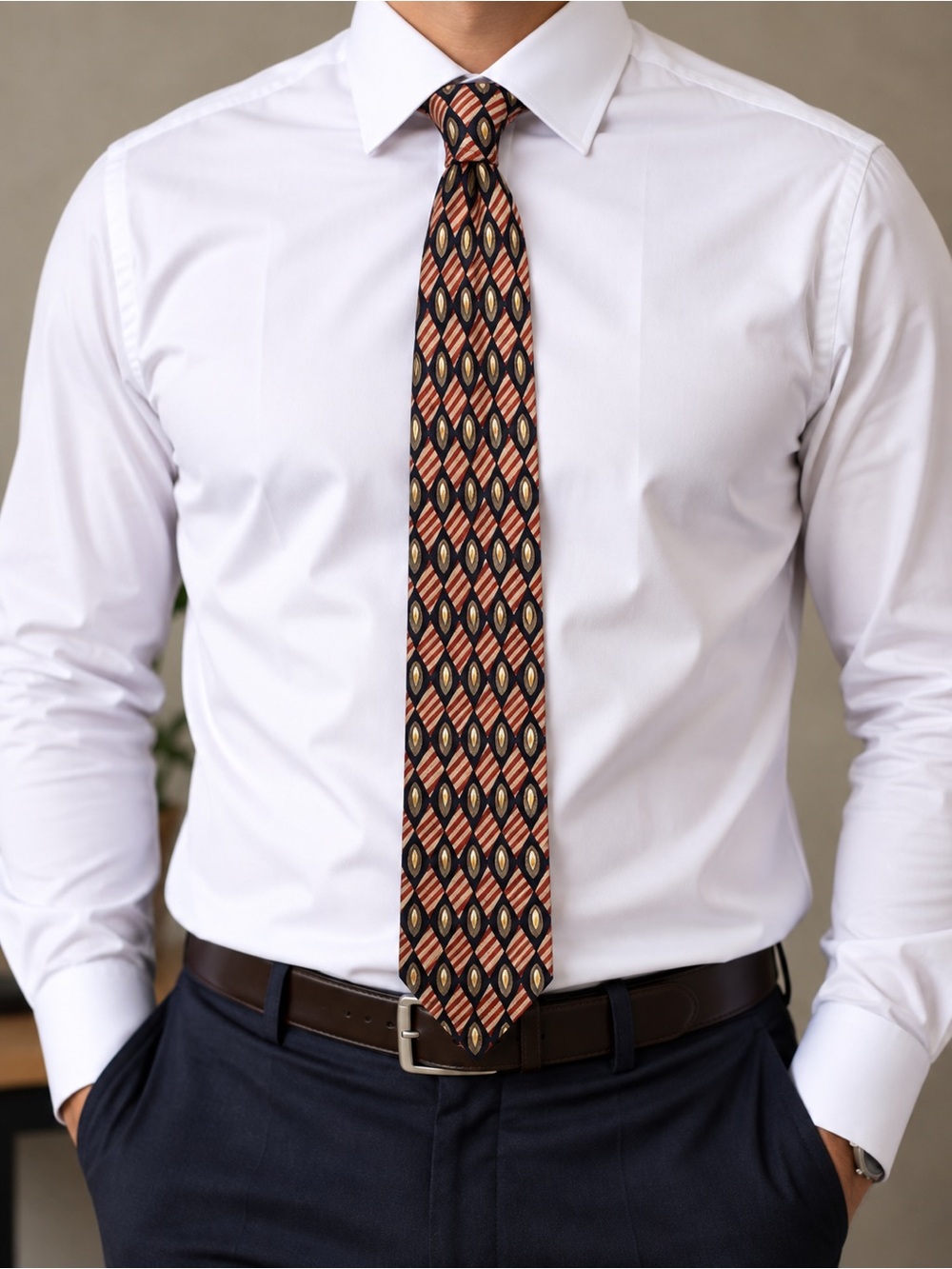 Joseph Abboud Slim Geometric Tie in Rust, Black & Gold